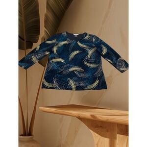 Allison Daley Women's S/P Blue Teal Gold Abstract Print Long Sleeve Top